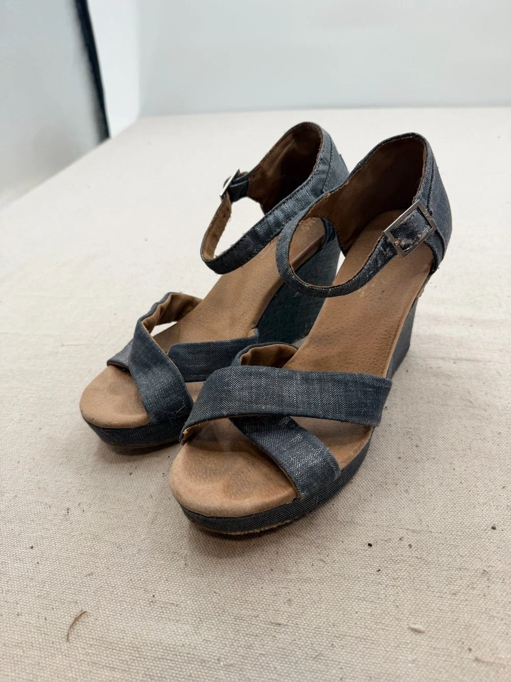 Toms Dark Denim Blue Wedge Sandals with Ankle Strap